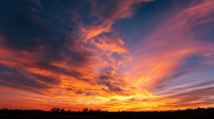 Obraz premium peace. A breathtaking sunset sky panorama with vibrant warm hues and glowing clouds. inspiring travel planning, travel magazines, designed for travel destination branding, inspires travel planning.