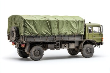 Olive-green military truck, side view.  Covered cargo bed