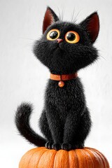 Fototapeta premium 3D cartoon black cat with big eyes smiling playful sitting on pumpkin isolated on white background