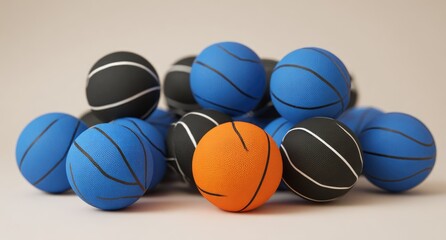 Pile of basketballs, blue and black, orange