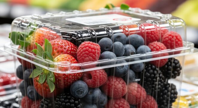 Medium shot of clamshell packaging filled with fresh berries highlighting clear plastic design and vibrant fruit colors for appealing retail display.