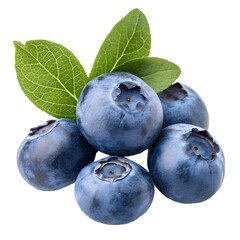 Obraz premium Pile of fresh blueberries with green leaves isolated on transparent background, a healthy and delicious snack option