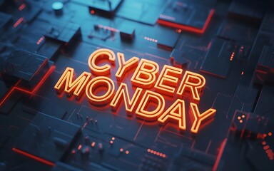 Cyber monday glowing orange text on a dark futuristic circuit board background