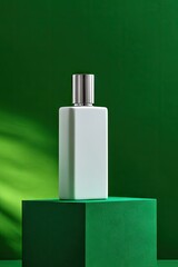 Elegant white perfume bottle displayed on a modern green geometric pedestal with subtle leaf shadow.