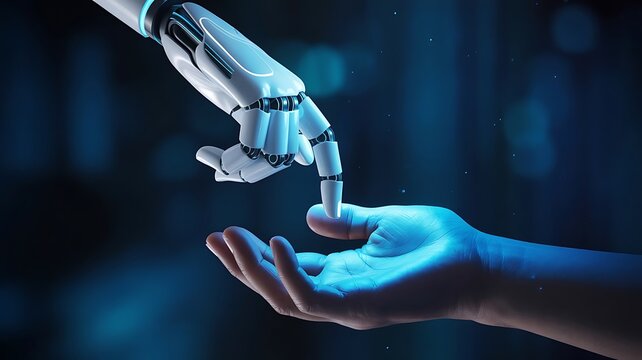 Robot hand reaching out to human hand for connection in a futuristic world