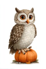 Naklejka premium 3D cartoon owl sitting on pumpkin cheerful eyes smiling isolated on white background
