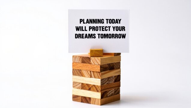 Motivational quote about planning and protecting dreams on a card with wooden blocks