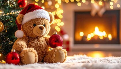 Teddy Bear with Santa Hat by Christmas Tree and Fireplace