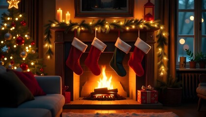 A decorated fireplace with Christmas stockings, presents, and a glowing fire
