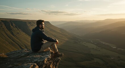 A man sits contemplatively on a mountain precipice, taking in the vast landscape at sunset.
