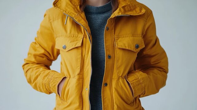 A woman wearing a yellow jacket and jeans, casual outfit