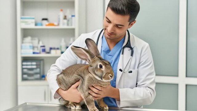 Veterinarian holding a brown rabbit with long ears in a clinic examination room with medical equipment