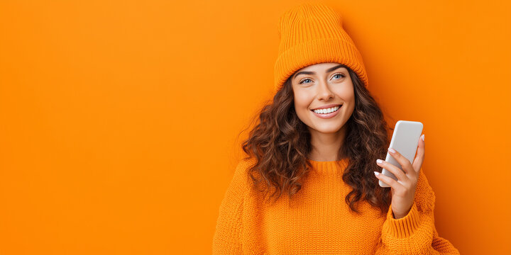 Woman in orange sweater and beanie smiles while holding smartphone against a vibrant orange background.