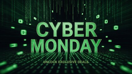 Cyber monday digital abstract background with green glowing text and binary code effect