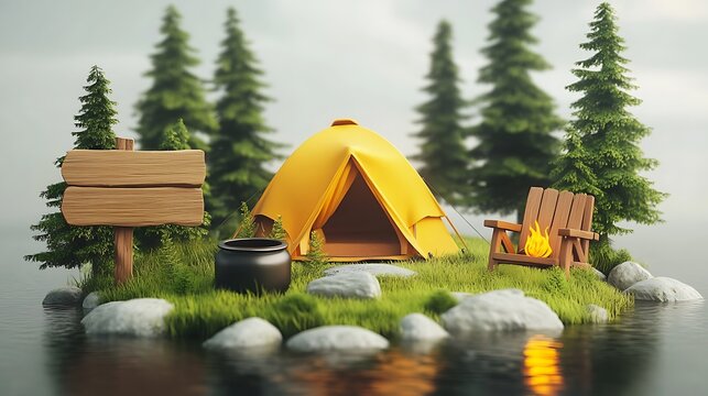 Cozy campsite scene with tent and campfire in a forest setting