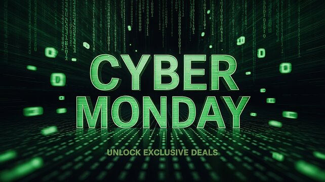 Cyber monday digital abstract background with green glowing text and binary code effect