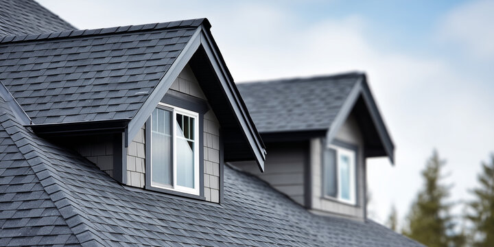 Roof with dark shingles and dormer windows in modern residential architectural design.