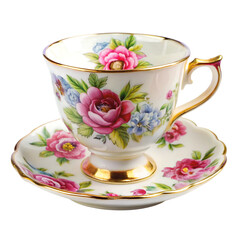 Vector art of elegant vintage porcelain teacup and saucer with floral pattern