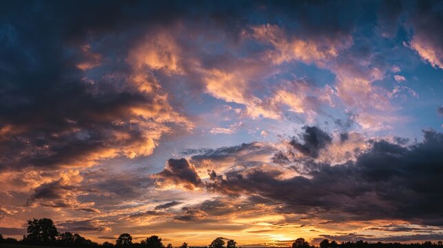 peace. A breathtaking sunset sky panorama with vibrant warm hues and glowing clouds. inspiring travel planning, travel magazines, designed for travel destination branding, inspires travel planning.