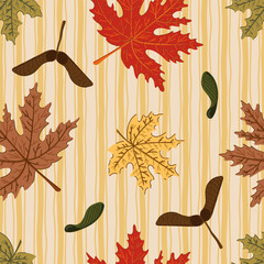 seamless pattern vertical stripe maple leaves autumn color, brown, green, pastel shades, Tablecloth