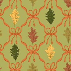 oak leaves, Coquette bows damask seamless pattern autumn color, brown, green, caramel, pastel shades