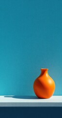 Minimalist orange ceramic vase on a bright blue background with shadow.