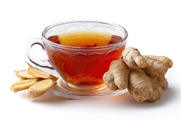 Ginger tea in a glass cup, with fresh ginger slices