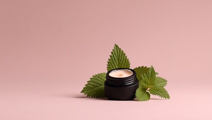 Natural Skincare Cream Jar with Fresh Green Leaves on Pink Background.