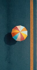 Colorful umbrella casting a shadow on a dark surface with an orange line.
