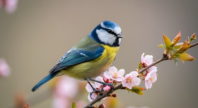 Cute bird on blooming branch