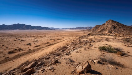 Vast arid desert landscape with distant mountains under a clear blue sky.