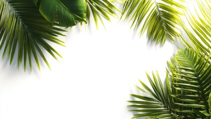 Tropical leaves frame a white background
