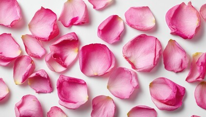 Pink rose petals scattered on white