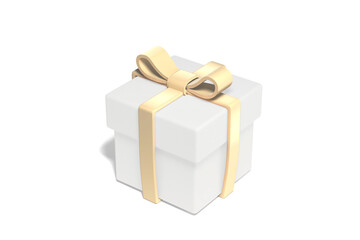 3D Illustration of white gift box with a gold bow ribbon. It has light shadows on a white background, so you can remove the background easily
