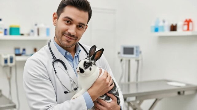 A veterinarian in a white coat holding a black and white rabbit in a medical examination room setting