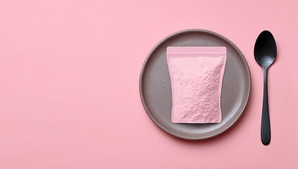Minimalist pink food pouch on plate with spoon studio shot.