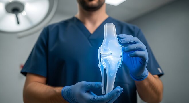 Surgeon Holding Illuminated Knee Joint Model in Operating Room.