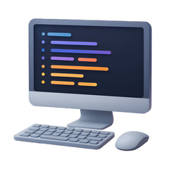 3D Render Cartoon Computer with Code on Screen White Background with mouse