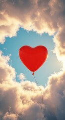 Fototapeta premium A vibrant red heart-shaped balloon ascends into a cerulean sky, framed by fluffy, golden-hued clouds.