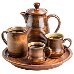 Vector art of a rustic ceramic coffee pot and three cups filled with hot coffee, isolated on a transparent background