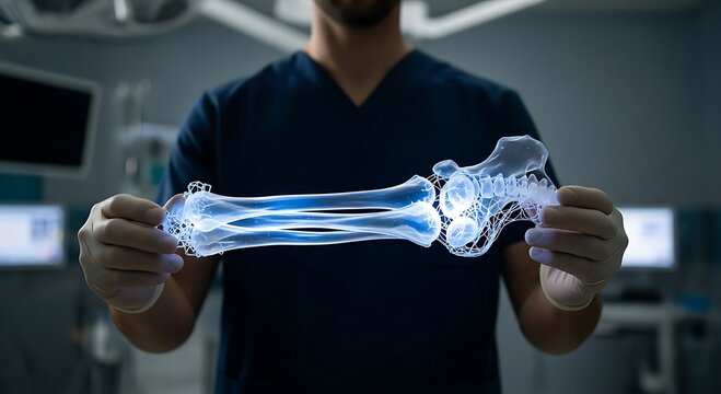 Surgeon Holding a 3D Holographic Forearm X-Ray in Operating Room.