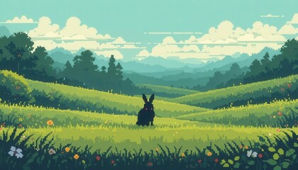 Retro 8 bit Pixel Art Illustration of a Grassy Field, with a Simple Rabbit Silhouette Sprite
