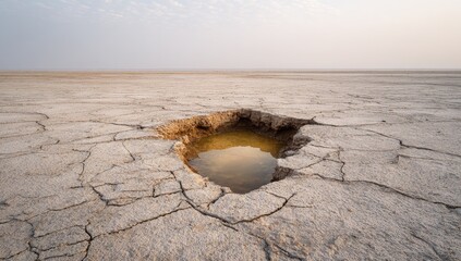 A lone waterhole reflecting the sky in a vast cracked desert landscape.