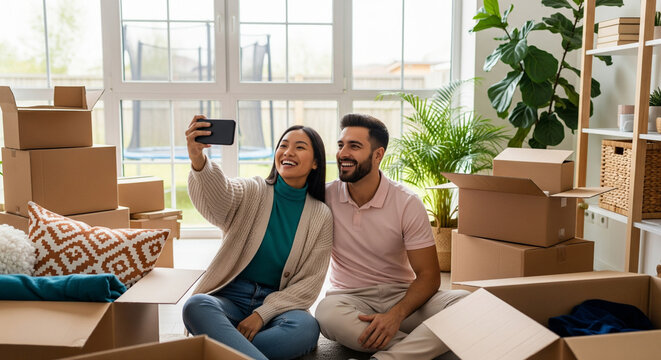 Young couple joyfully capturing moving day selfie surrounded by boxes in their bright new home, celebrating fresh beginnings and shared dreams together with a modern lifestyle