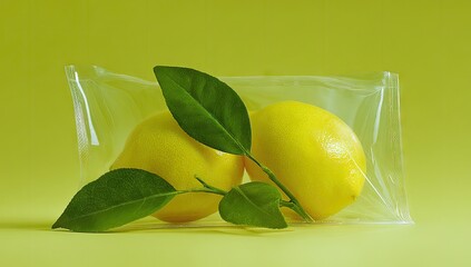Fresh Ripe Lemons with Green Leaves in Clear Plastic Packaging.