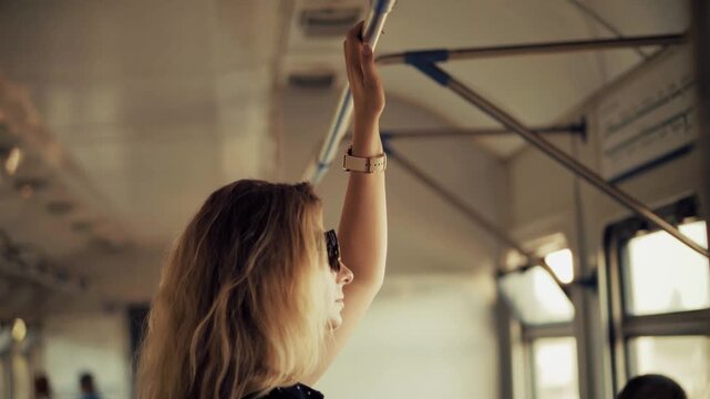 Passenger's appendage gripping grab rail in public transport . Daily routine