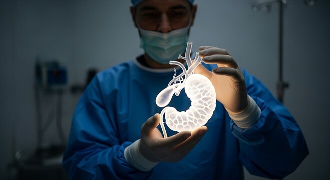 Surgeon Holding Illuminated 3D Pancreas Model; Medical Innovation, Healthcare Technology, Organ Anatomy, Surgery Concept.