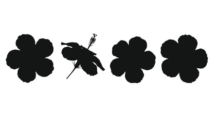 Four black flower shapes including one with stem and leaves against a vector