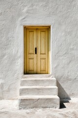 A pale yellow door on a whitewashed wall, steps leading up