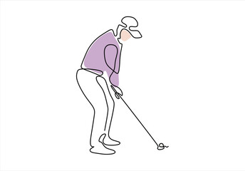 Golfer in action with continuous line drawing. line icon-continuous line drawing. Editable stroke. 